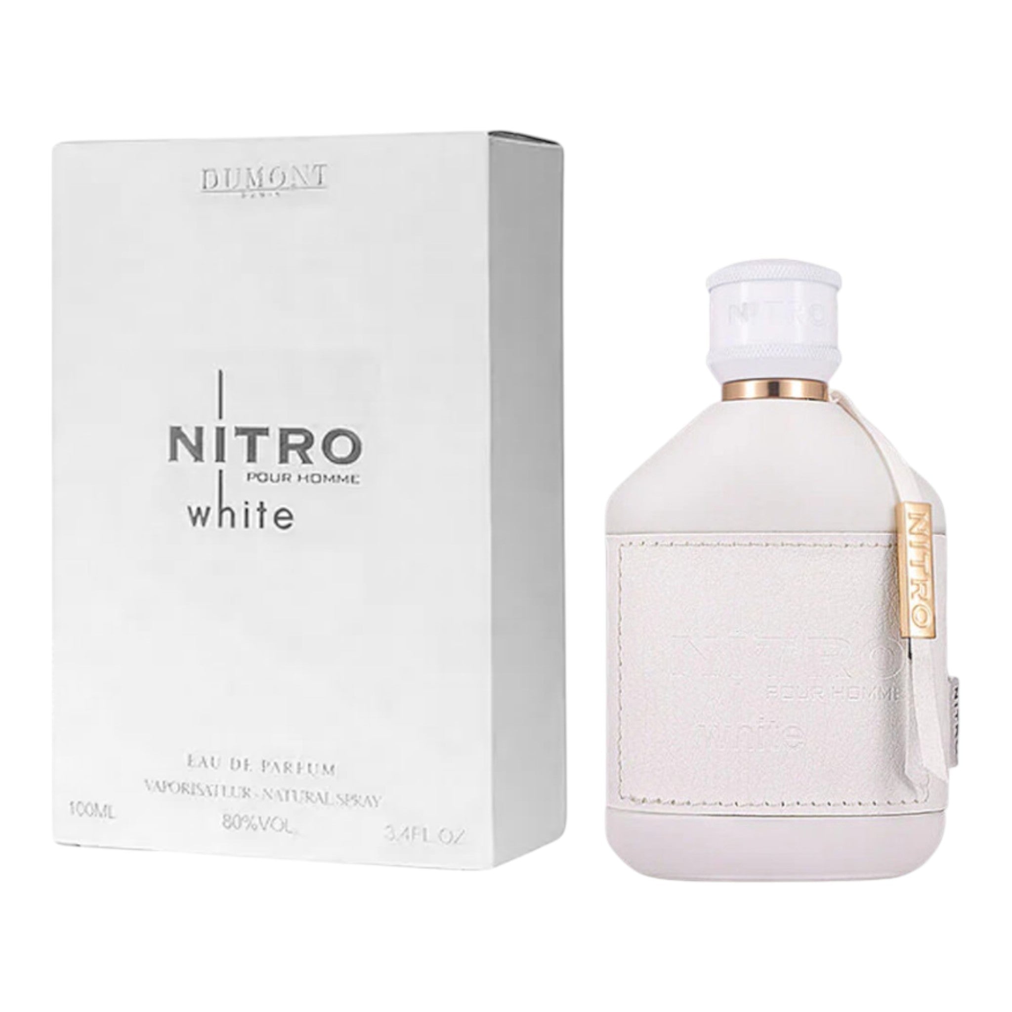 Unique Clothes Nitro White eau de parfum for men in a white bottle with leather texture and matching presentation box