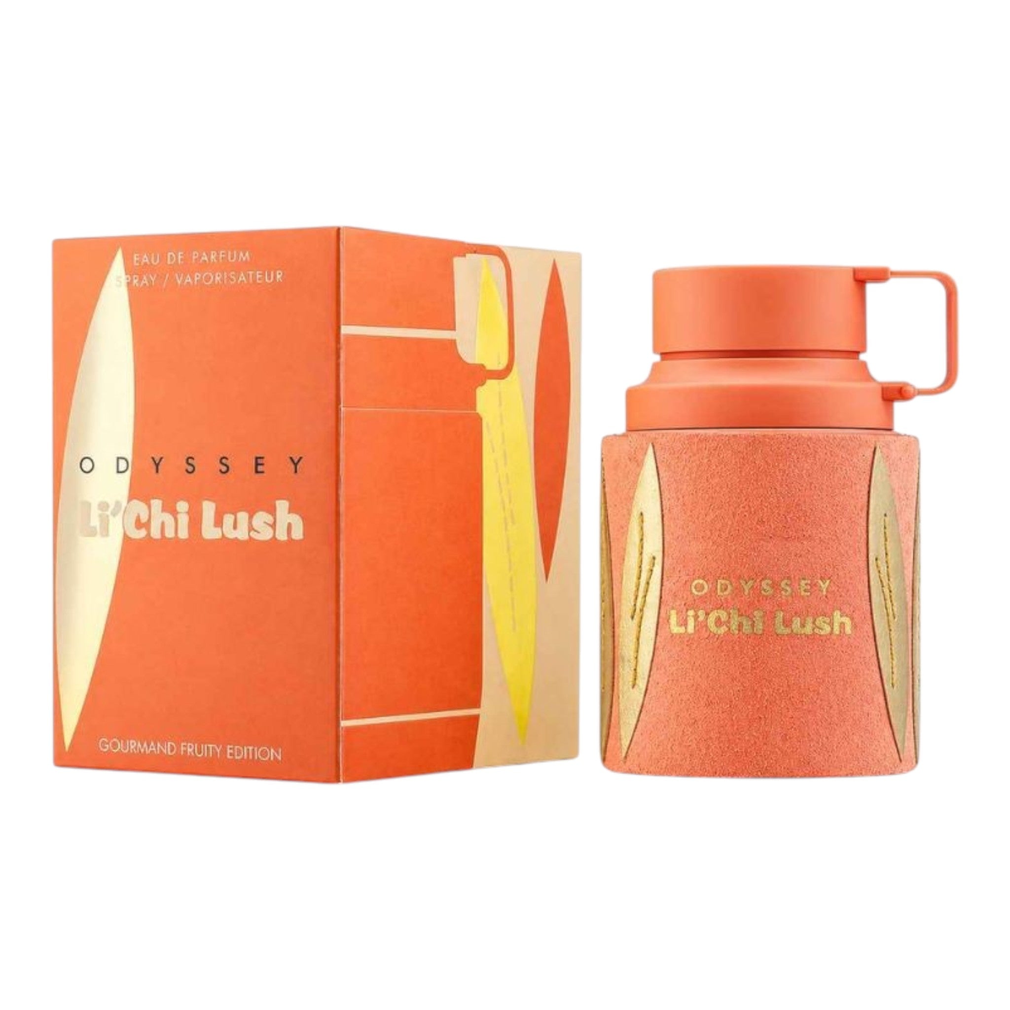 Unique Clothes Odyssey Lichi Lush eau de parfum bottle and orange box with gold leaf accents