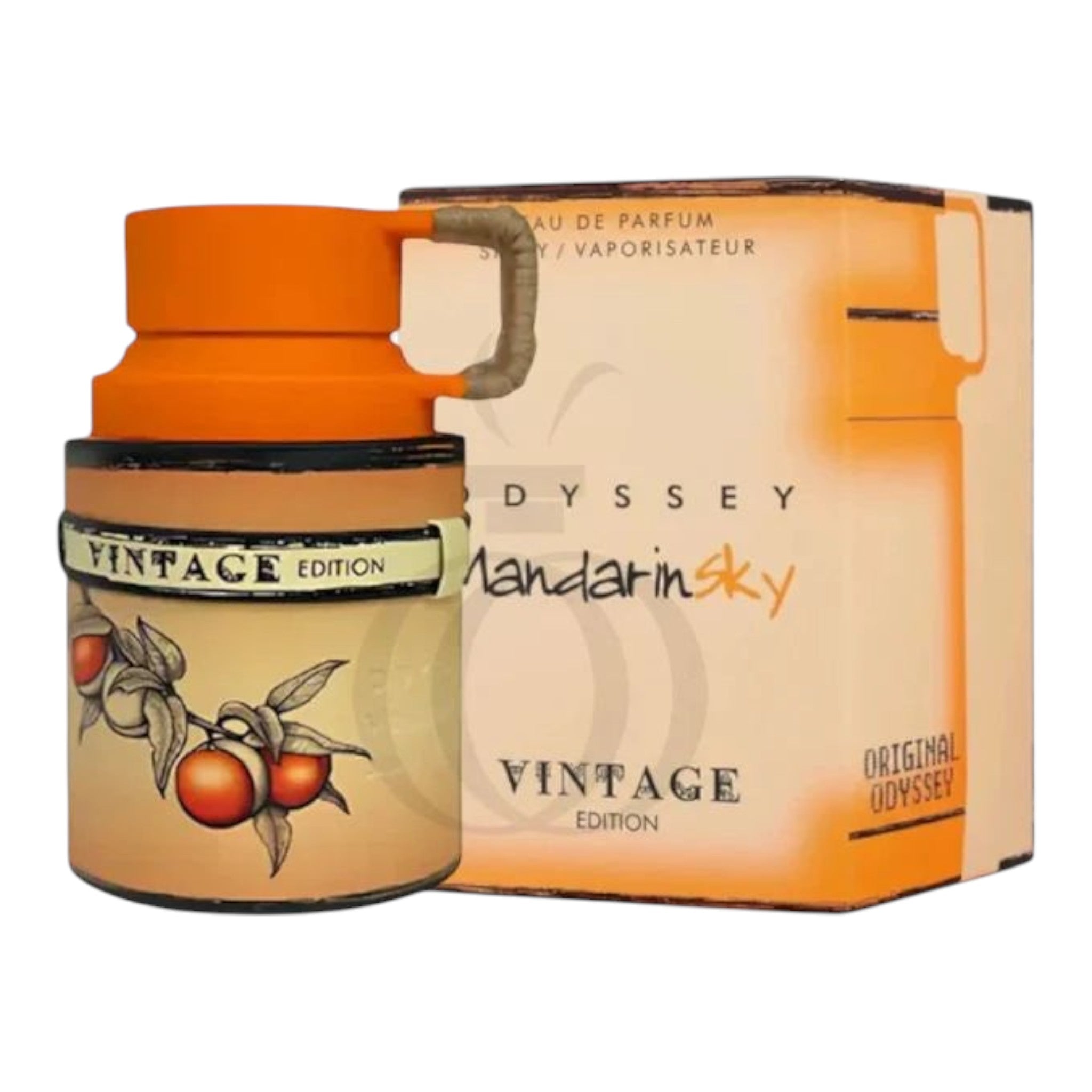 Unique Clothes Odyssey Mandarin Sky Vintage Edition perfume bottle and box featuring orange and cream vintage design.