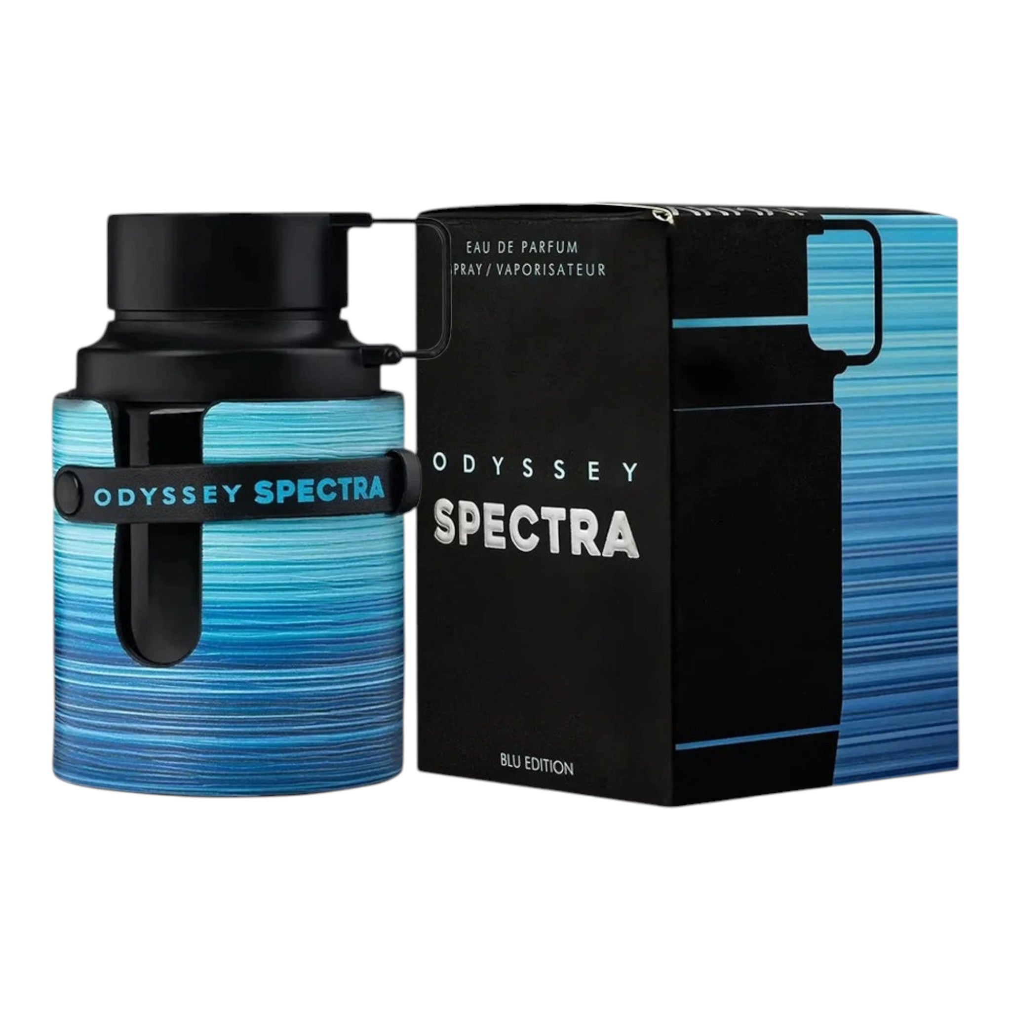 Unique Clothes Odyssey Spectra blue edition unisex eau de parfum bottle and packaging box with modern blue design