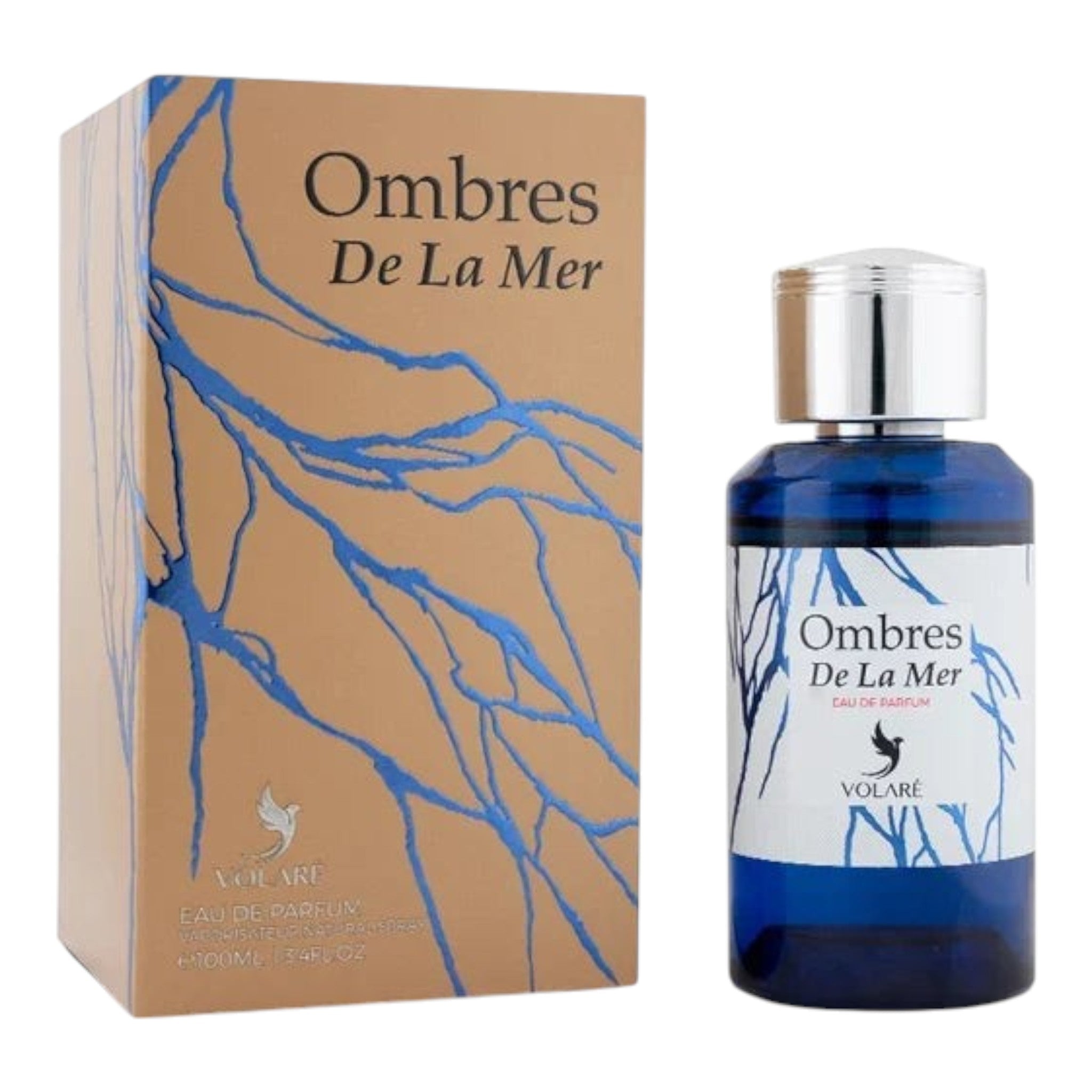 Unique Clothes Ombres De La Mer unisex eau de parfum bottle and box with blue and tan branch design