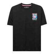 Unique Clothes Psycho Bunny black t-shirt with a colorful graphic logo on the chest and pink inner neck trim.