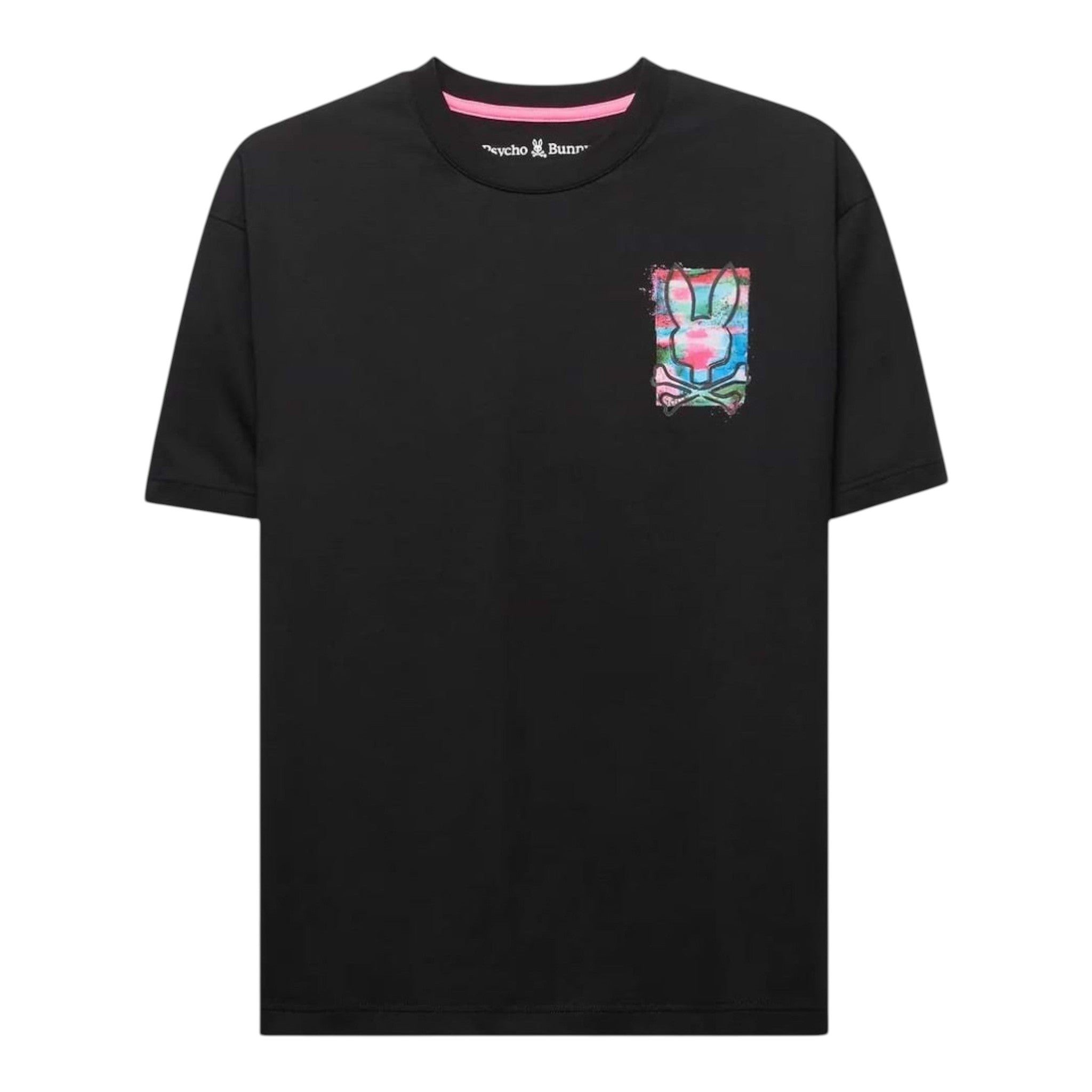 Unique Clothes Psycho Bunny black t-shirt with a colorful graphic logo on the chest and pink inner neck trim.