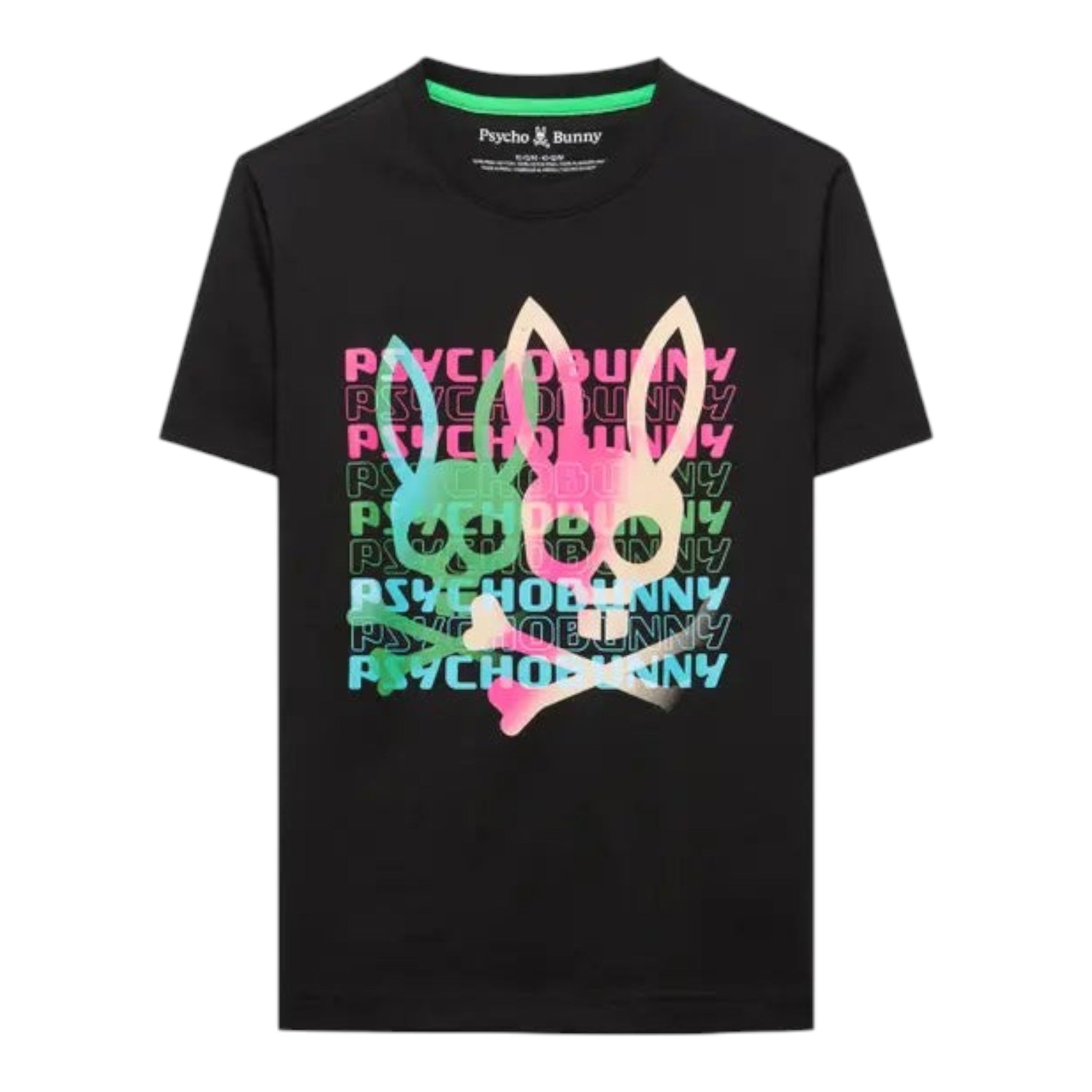 Unique Clothes Psycho Bunny black t-shirt with a neon multi-colored rabbit skull graphic print on the front.