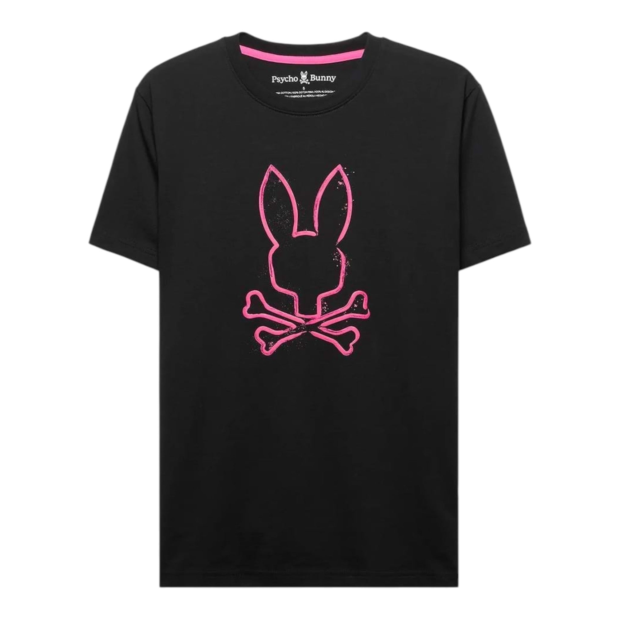 Unique Clothes Psycho Bunny black cotton t-shirt featuring a neon pink graphic logo on the chest