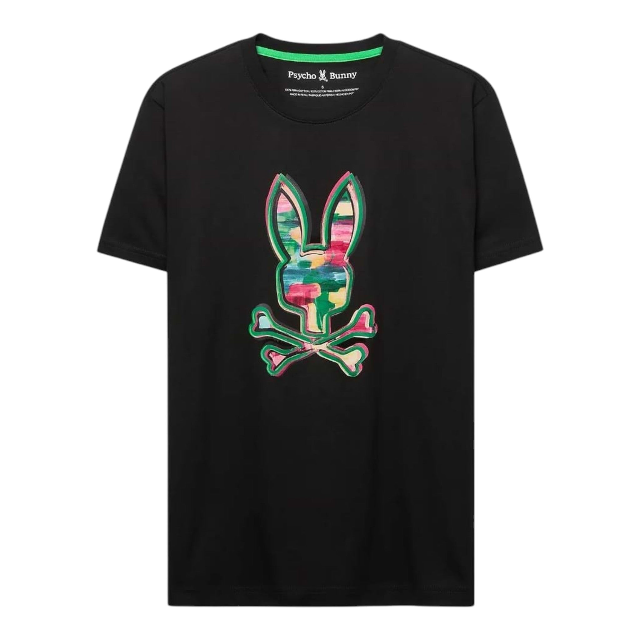 Unique Clothes Psycho Bunny black cotton t-shirt featuring a colourful abstract logo graphic on the chest