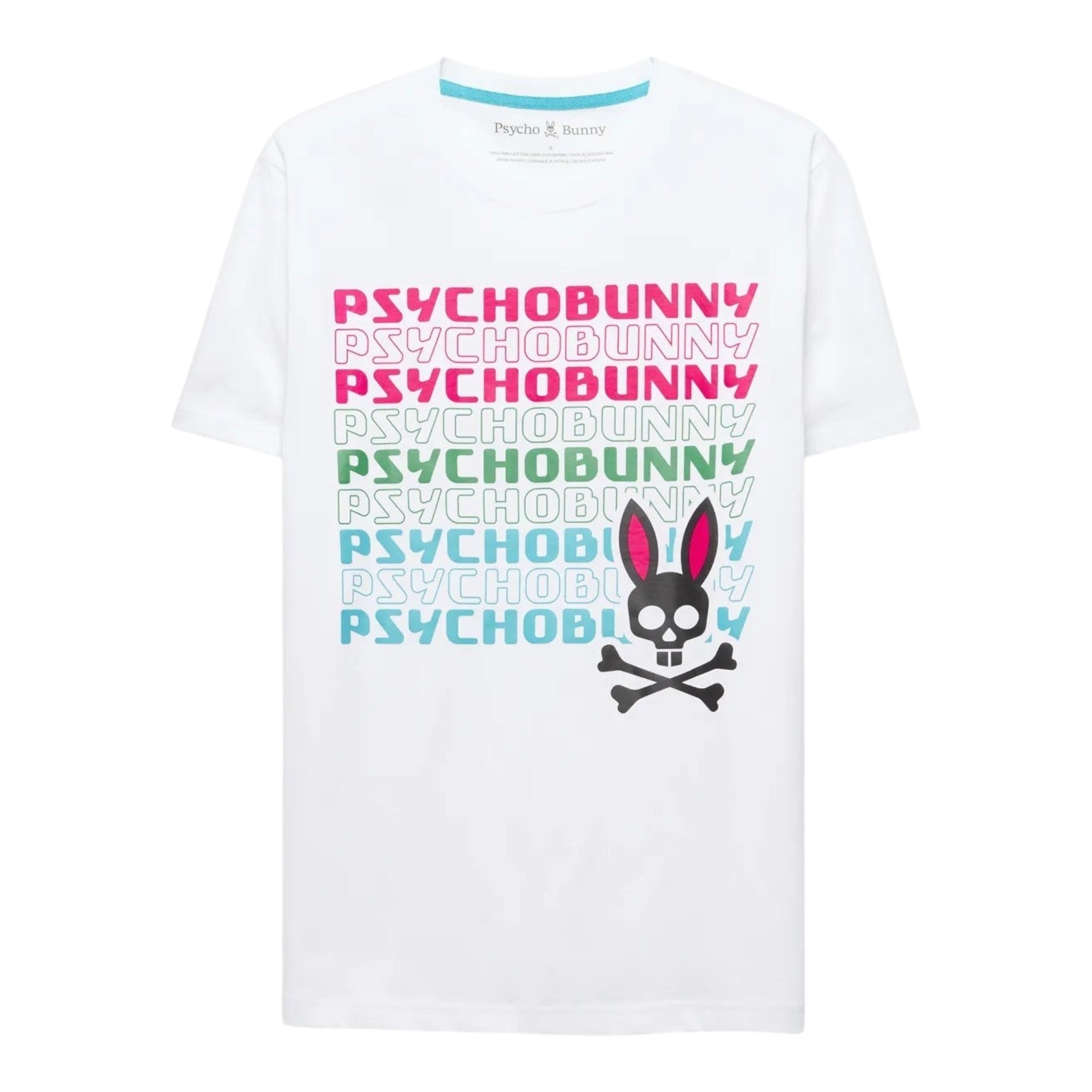 Unique Clothes Psycho Bunny white cotton t-shirt with multi-colored graphic logo print and skull bunny icon