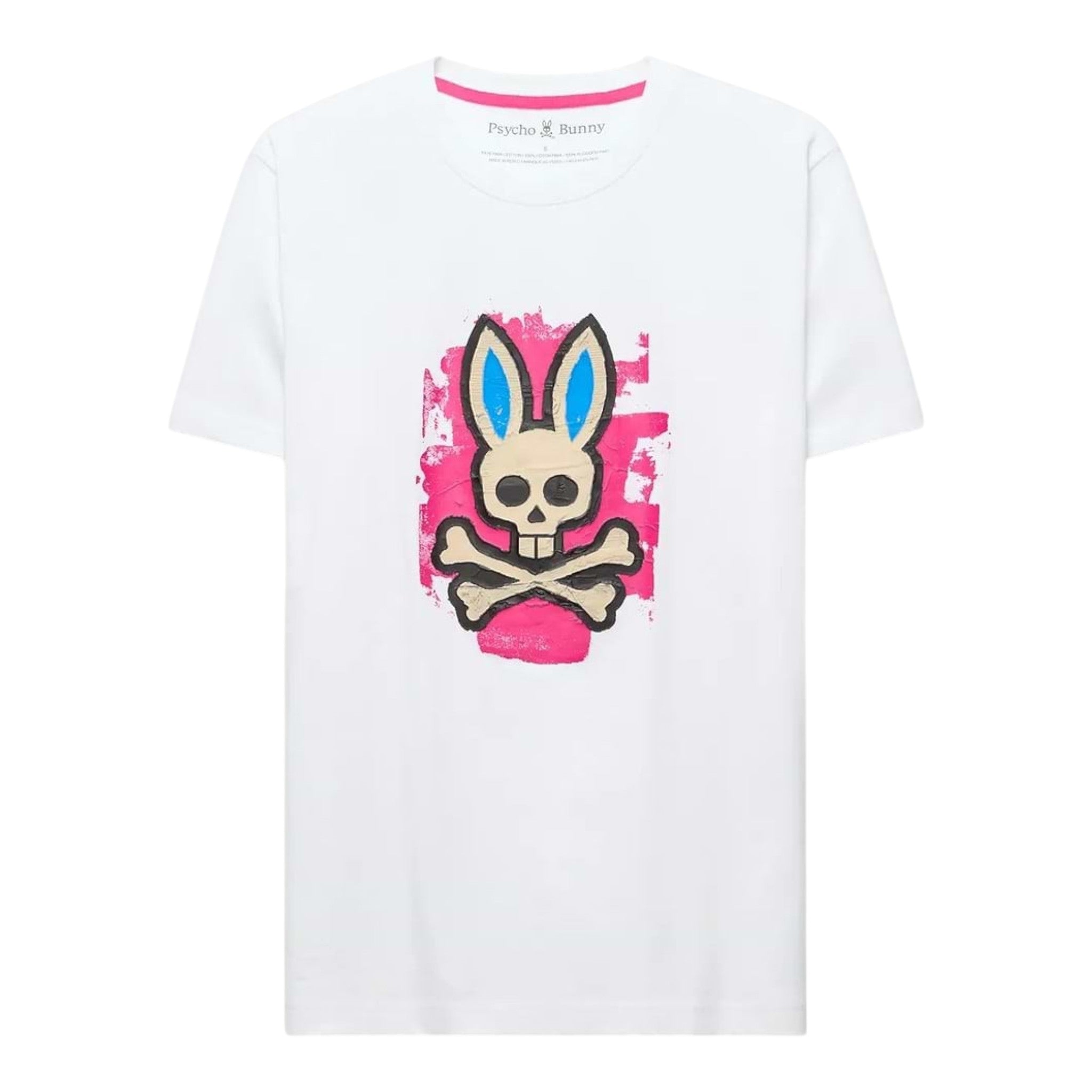 Unique Clothes white Psycho Bunny t-shirt featuring a pink and blue graphic skull and crossbones logo on the chest.