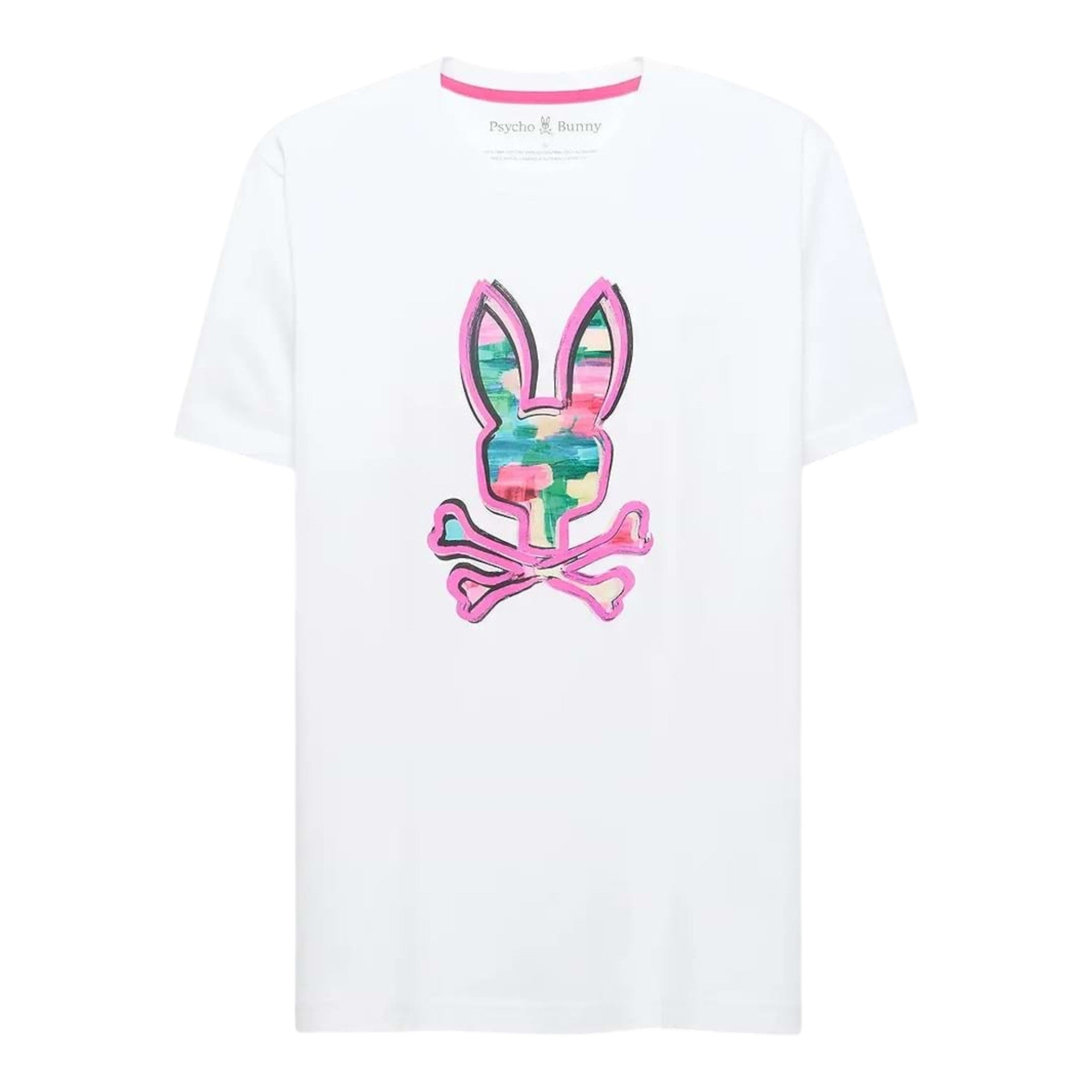 Unique Clothes Psycho Bunny white t-shirt featuring a colourful patterned bunny logo with pink outline