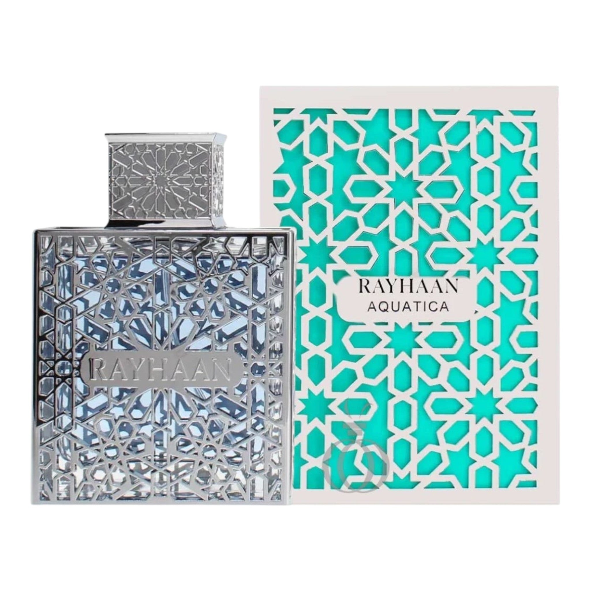 Unique Clothes Rayhaan Aquatica perfume bottle and box with intricate blue and silver geometric lattice design