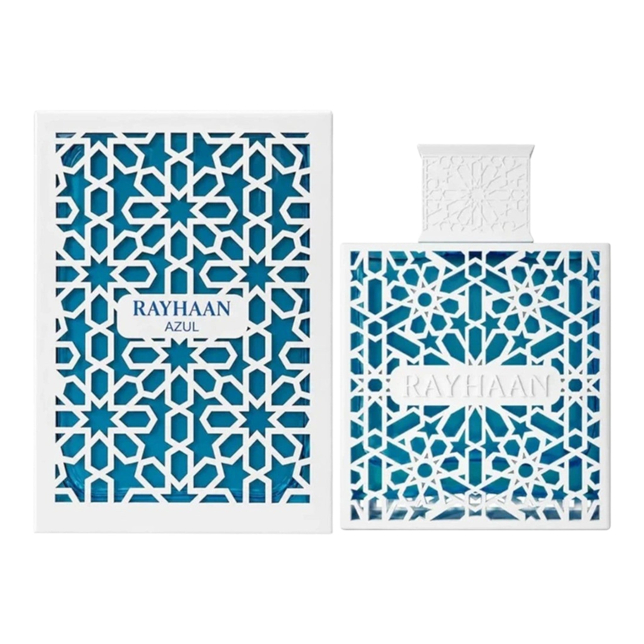 Unique Clothes Rayhaan Azul fragrance bottle and box with blue and white geometric Islamic-inspired patterns