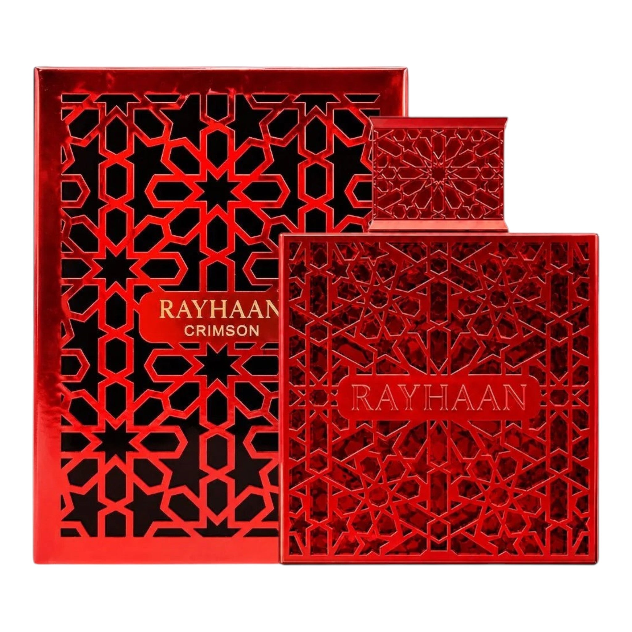 Unique Clothes Rayhaan Crimson men's fragrance in a red bottle with intricate geometric patterns and matching box