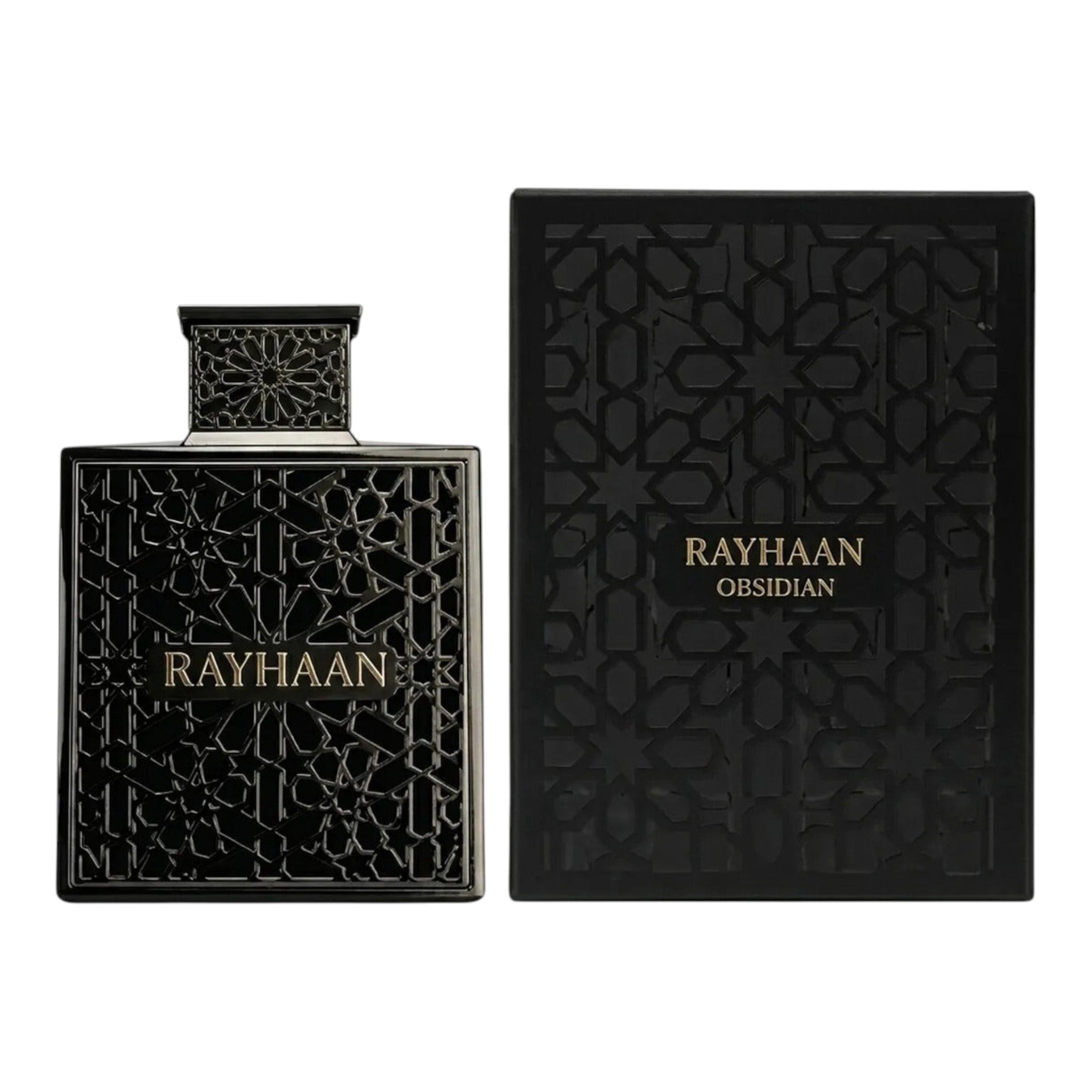 Unique Clothes Rayhaan Obsidian men's fragrance bottle and black box with intricate geometric patterns