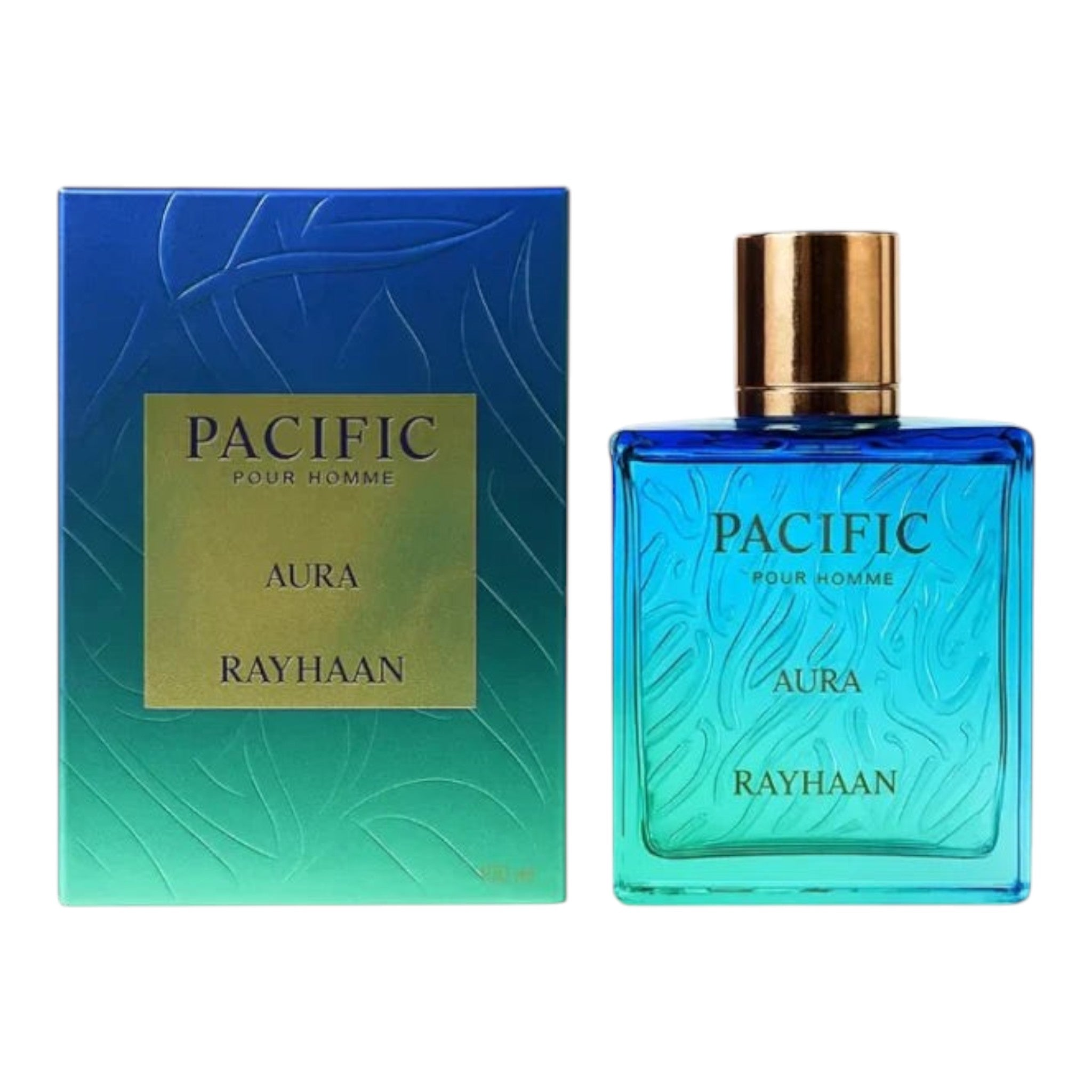 Unique Clothes Rayhaan Pacific Aura men's fragrance in a blue and green gradient glass bottle with a gold cap.