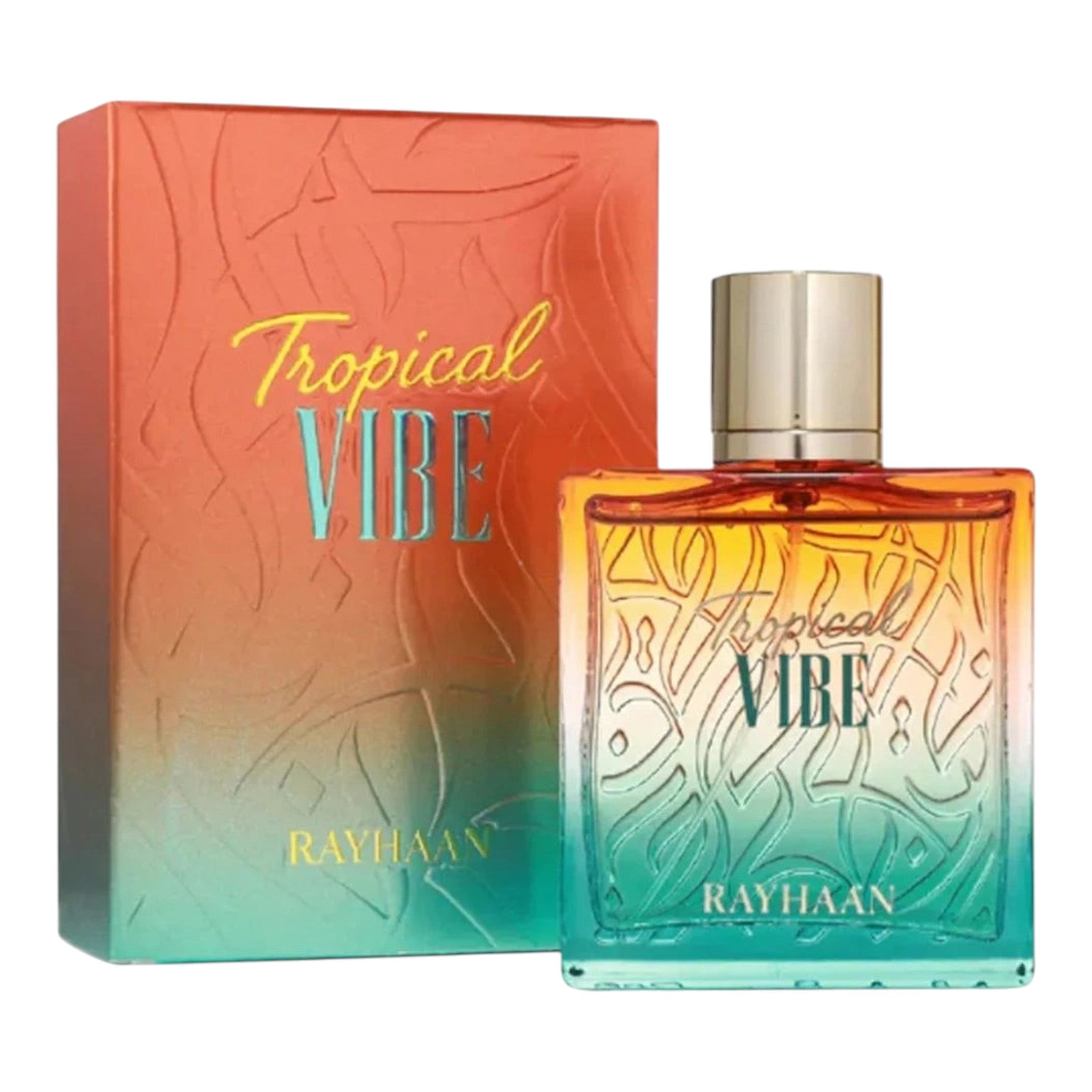 Unique Clothes Rayhaan Tropical Vibe perfume bottle and box with orange to teal gradient and embossed tropical design