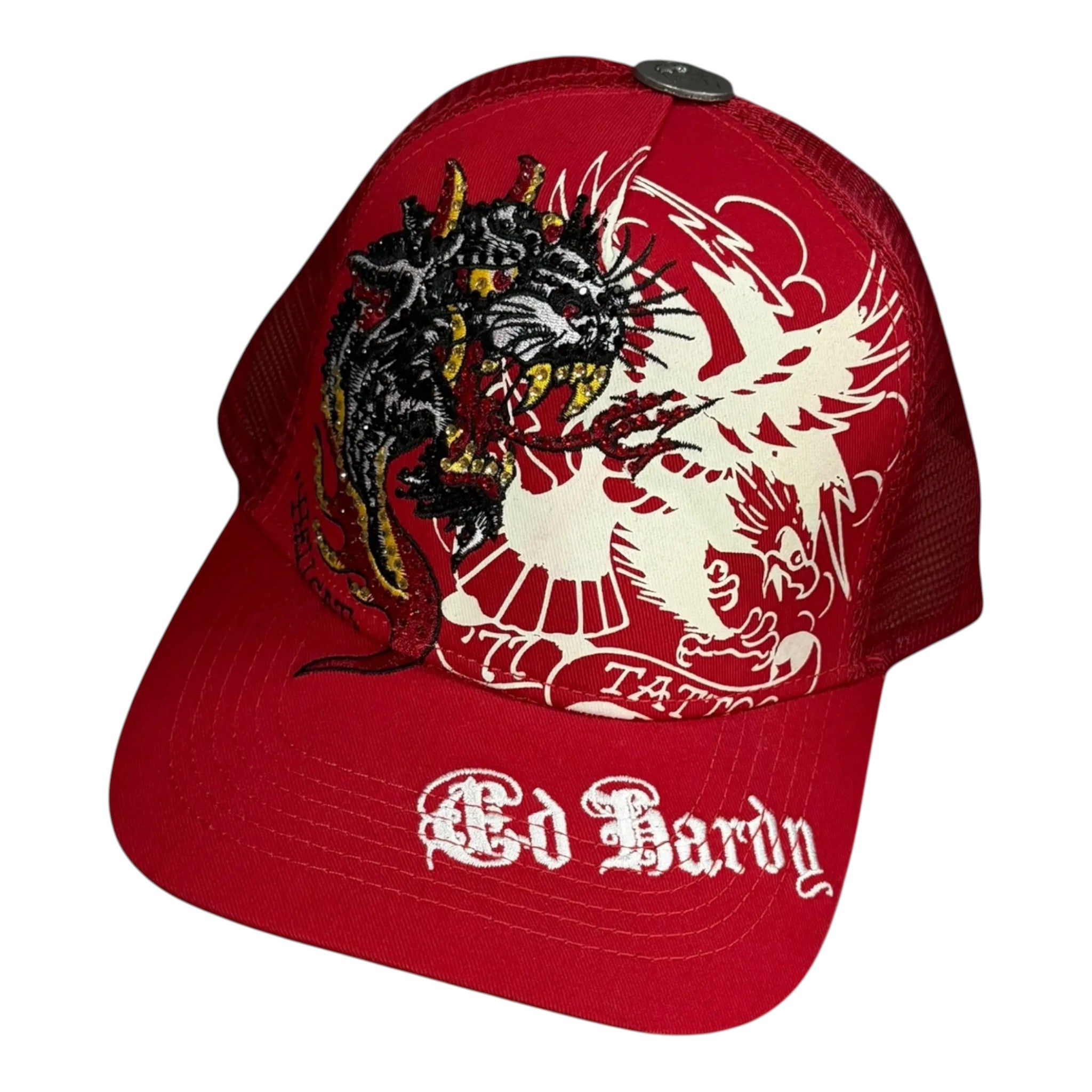 Unique Clothes red Ed Hardy trucker cap with bold tattoo-inspired graphic embroidery and white logo on the brim