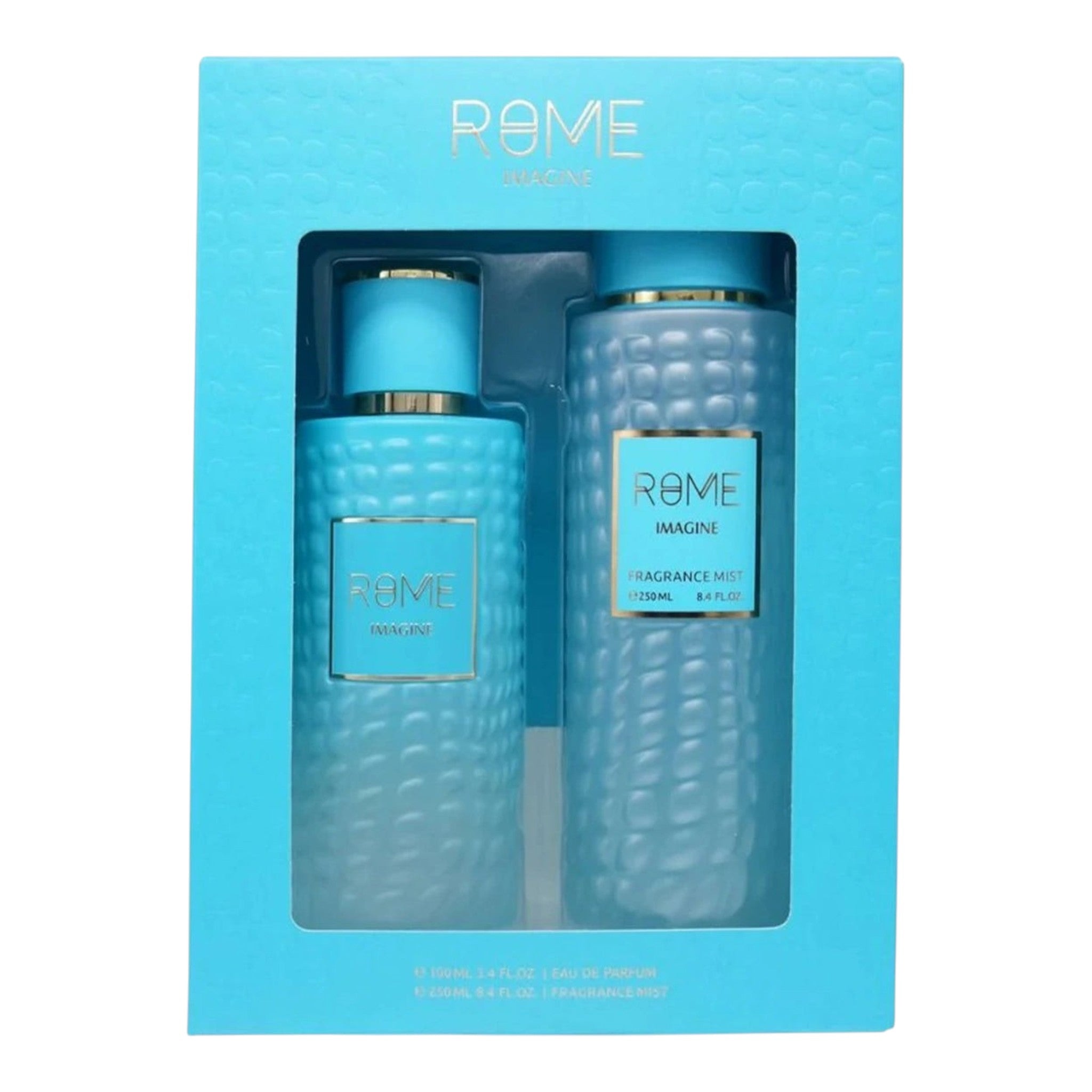 Unique Clothes Rome Imagine unisex fragrance set featuring a textured light blue perfume bottle and fragrance mist.