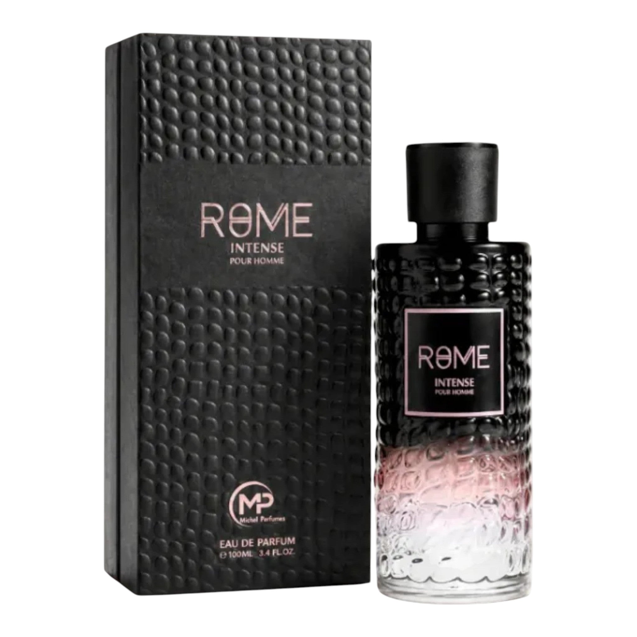 Unique Clothes Rome Intense eau de parfum for men in a textured black bottle and matching box with pink accents