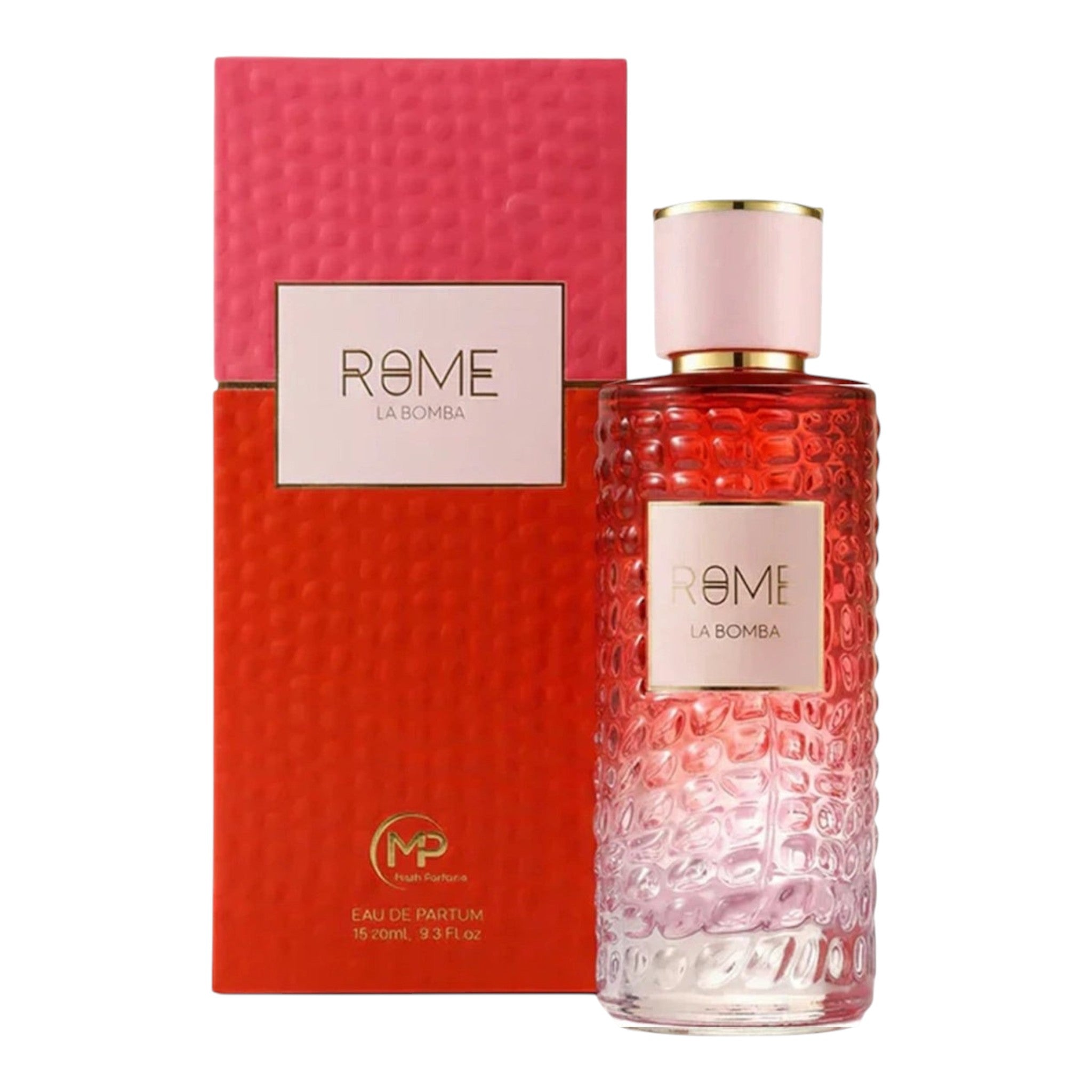 Unique Clothes Rome La Bomba eau de parfum bottle with textured red glass and pink cap next to matching gift box