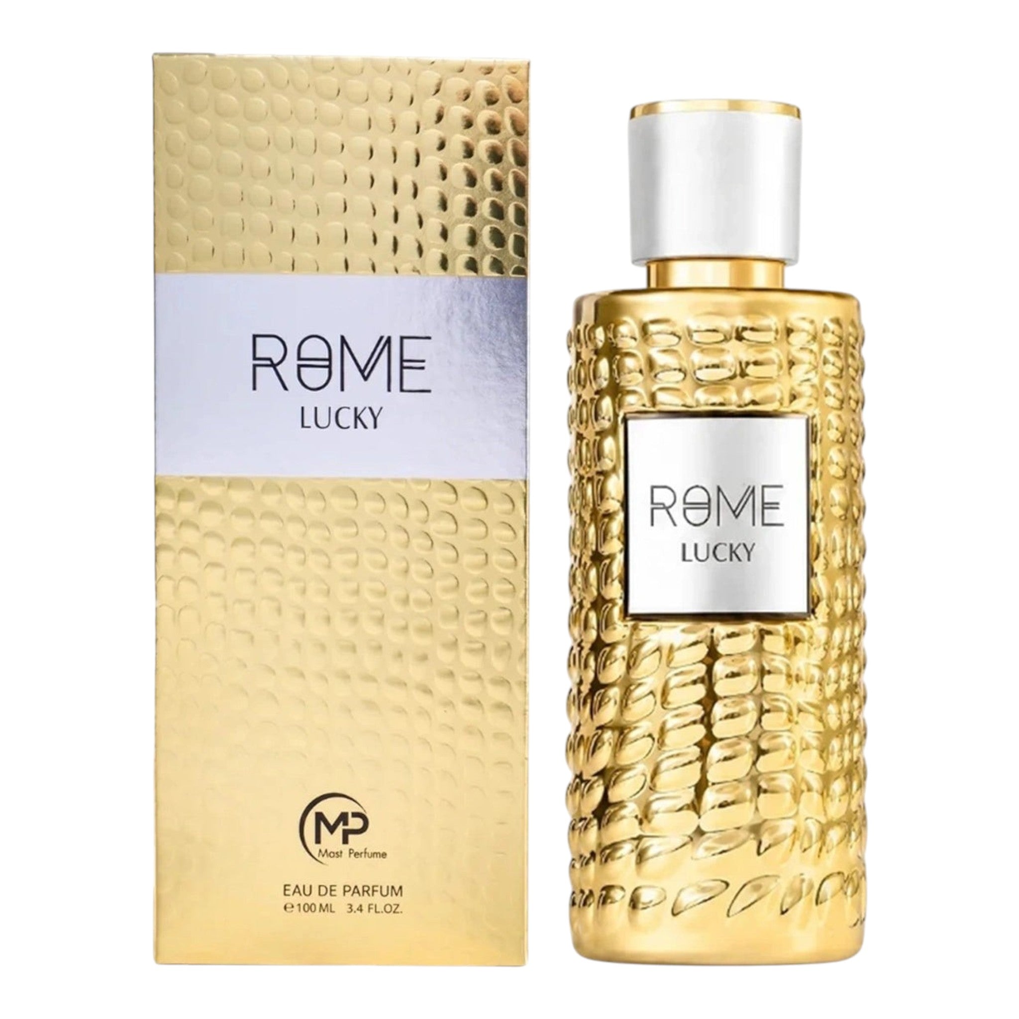 Unique Clothes Rome Lucky eau de parfum in a textured gold bottle with matching box, a modern masculine fragrance.