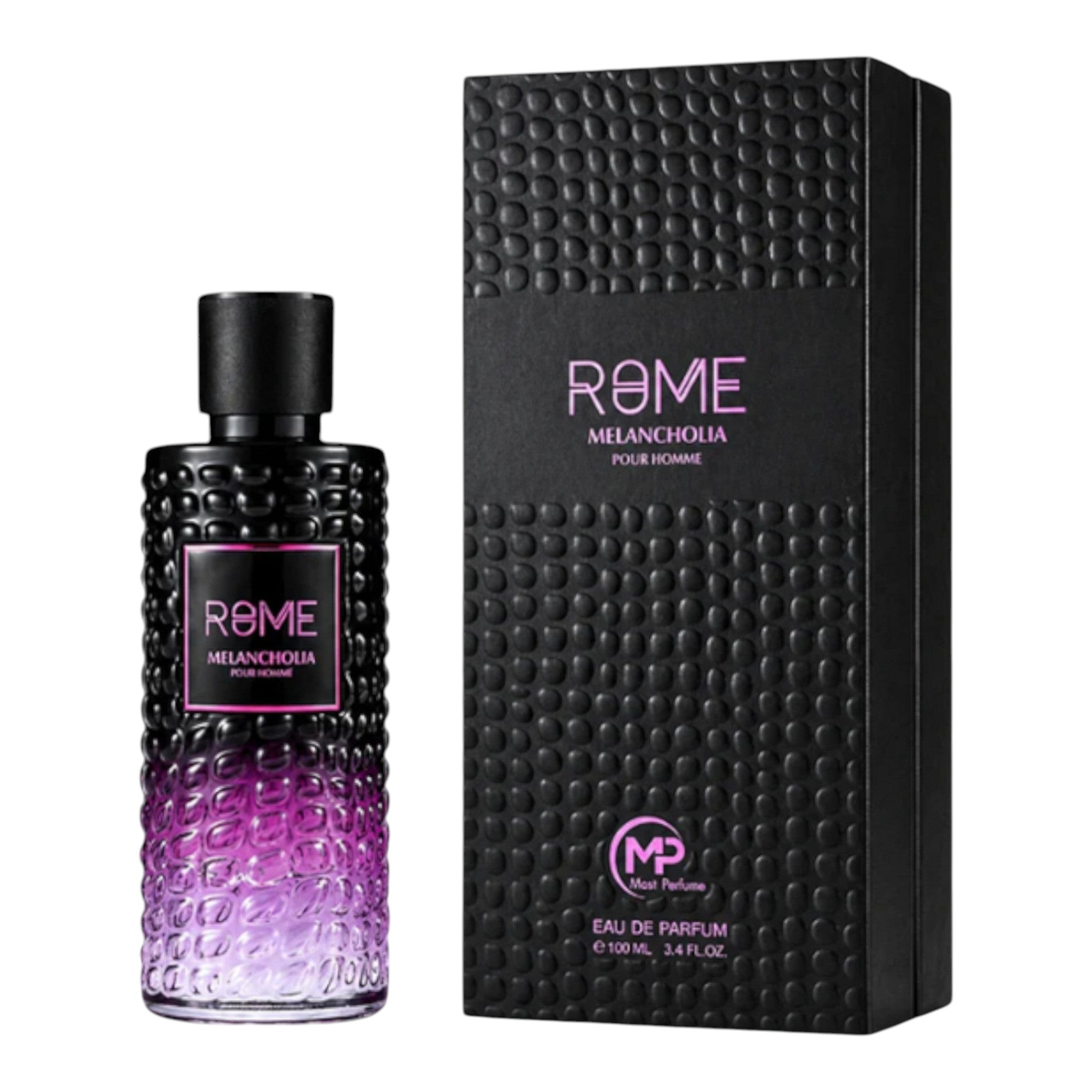 Unique Clothes Rome Melancholia men's eau de parfum in a textured black and purple ombre glass bottle with box