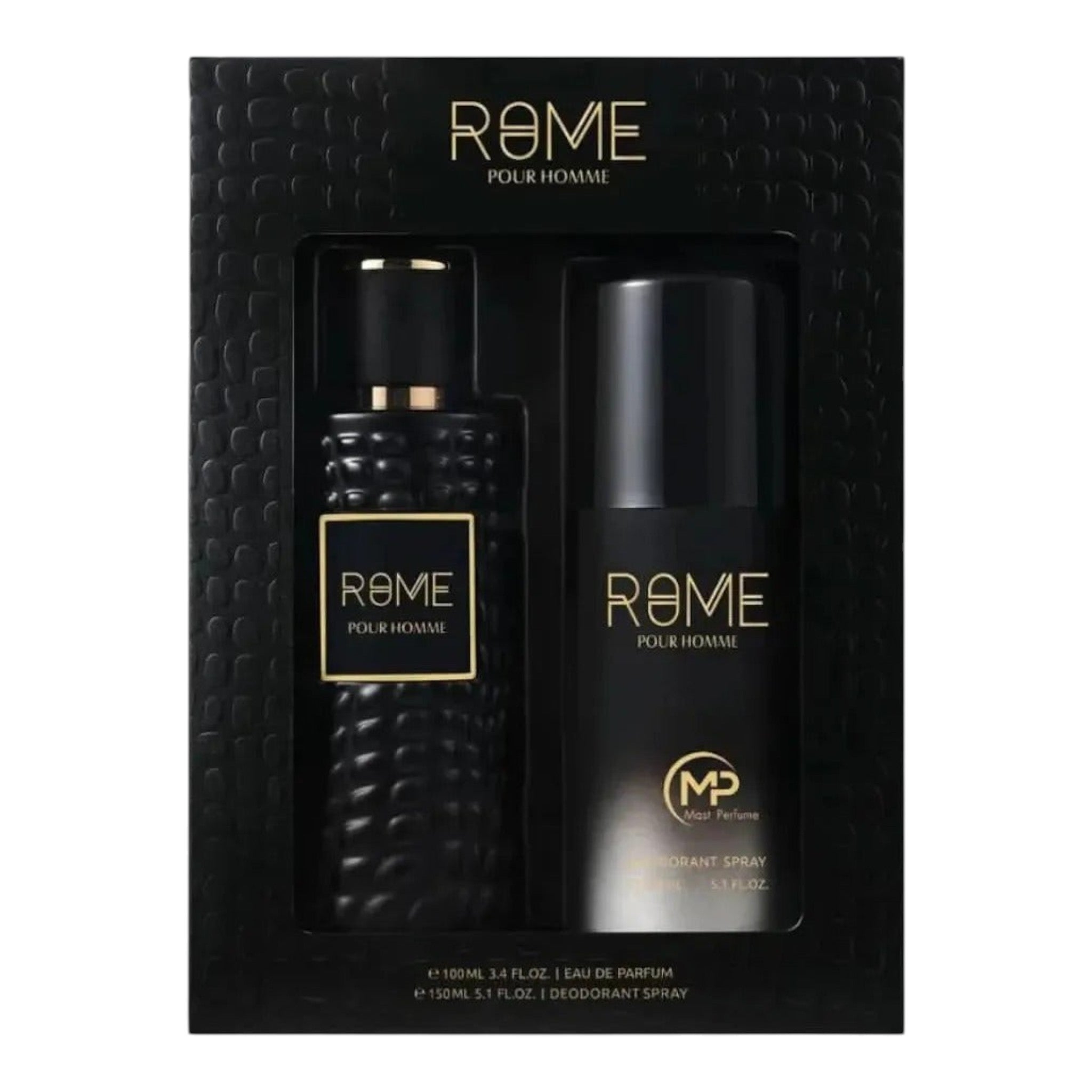 Unique Clothes Rome Pour Homme fragrance gift set featuring a black textured perfume bottle and deodorant spray