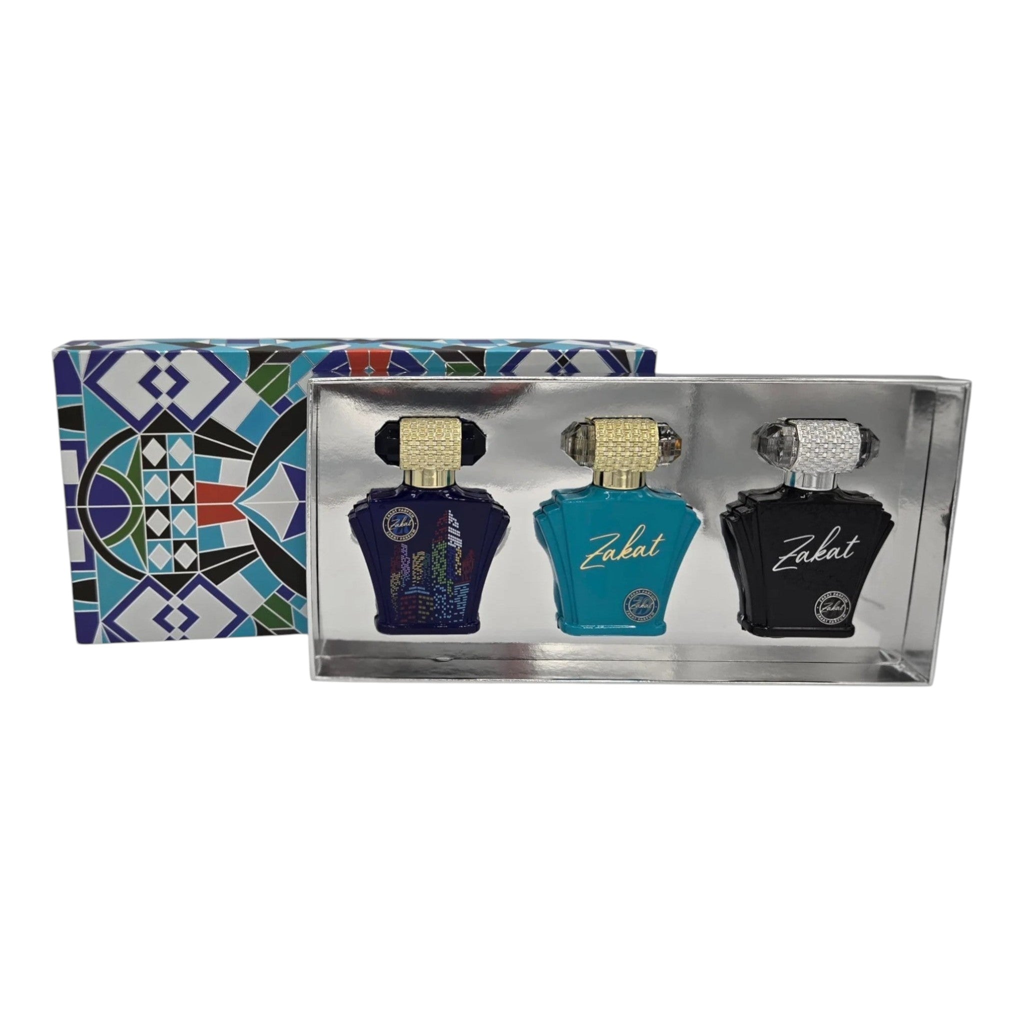 Unique Clothes Set Zakat unisex perfume collection featuring three elegant glass bottles in blue, teal, and black.