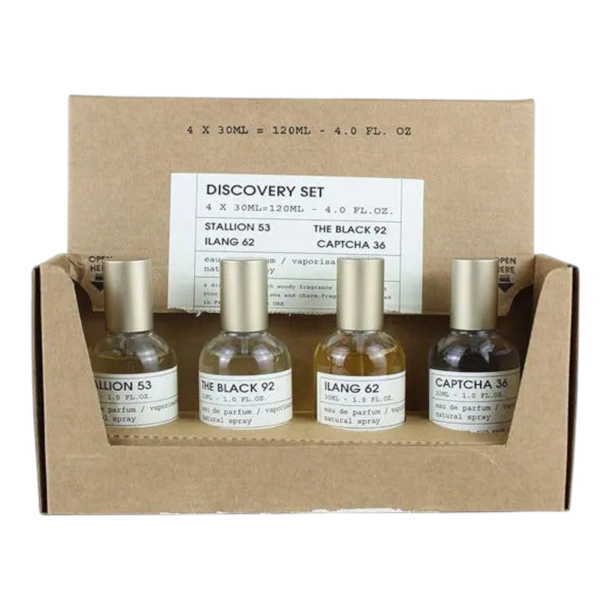 Unique Clothes Stallion 53 discovery set featuring four 30ml unisex perfume bottles in a cardboard display box.