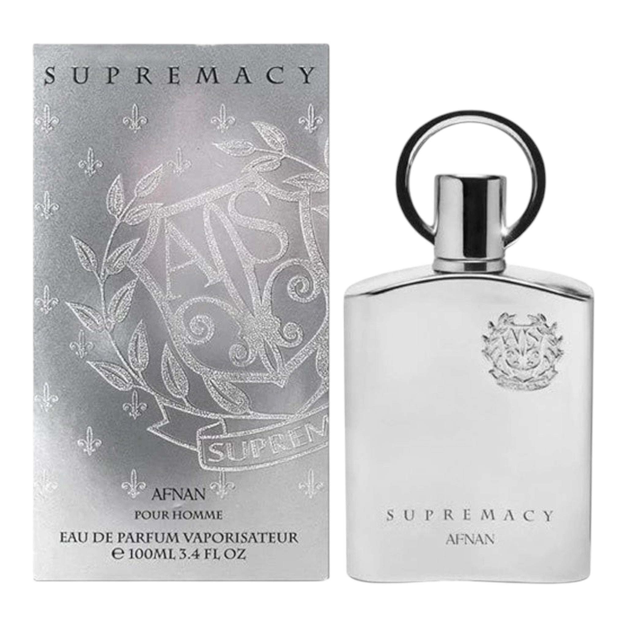 Unique Clothes Supremacy eau de parfum for men in a sleek silver bottle with matching box featuring elegant branding.