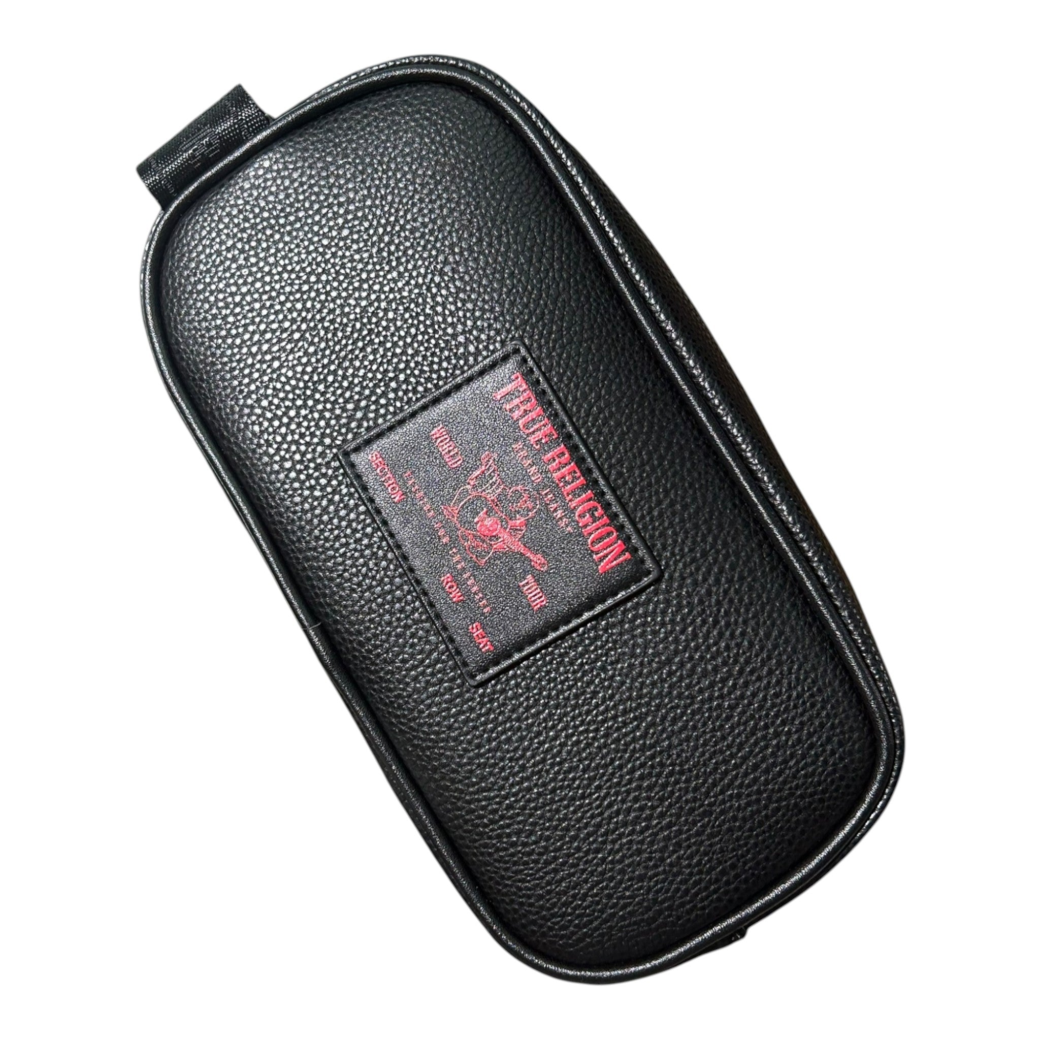 Unique Clothes black pebbled leather True Religion toiletry bag with red logo patch