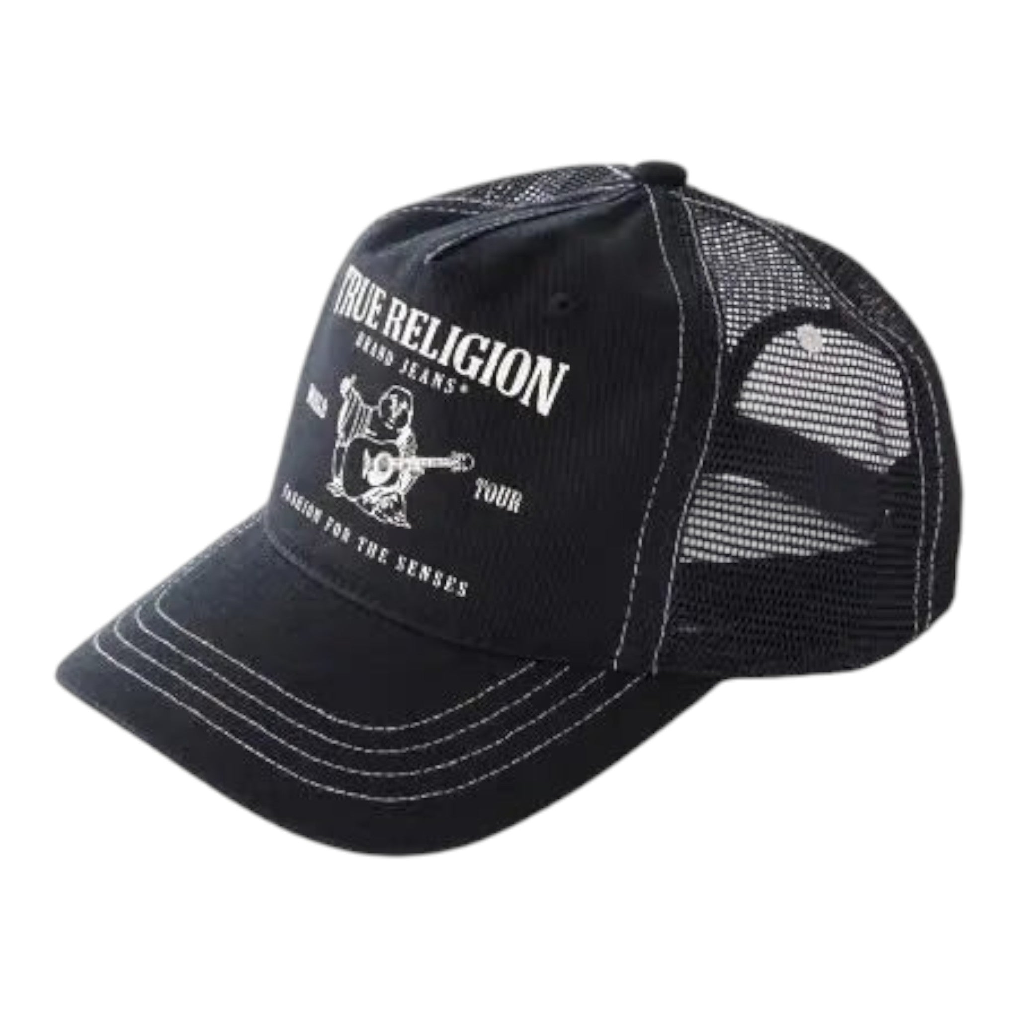 Unique Clothes True Religion black trucker cap with white logo embroidery and mesh back panel