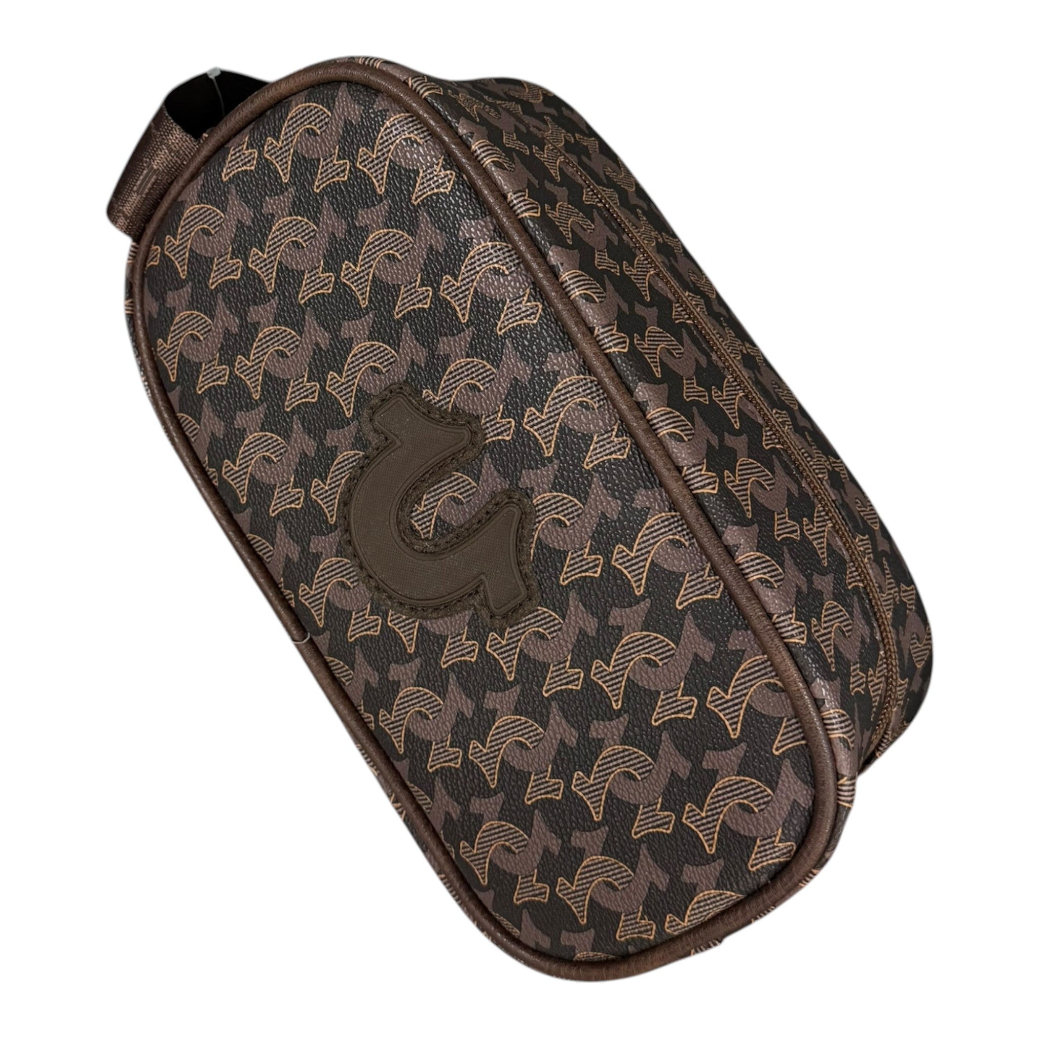 Unique Clothes True Religion toiletry bag in brown with an all-over monogram logo pattern and a side handle