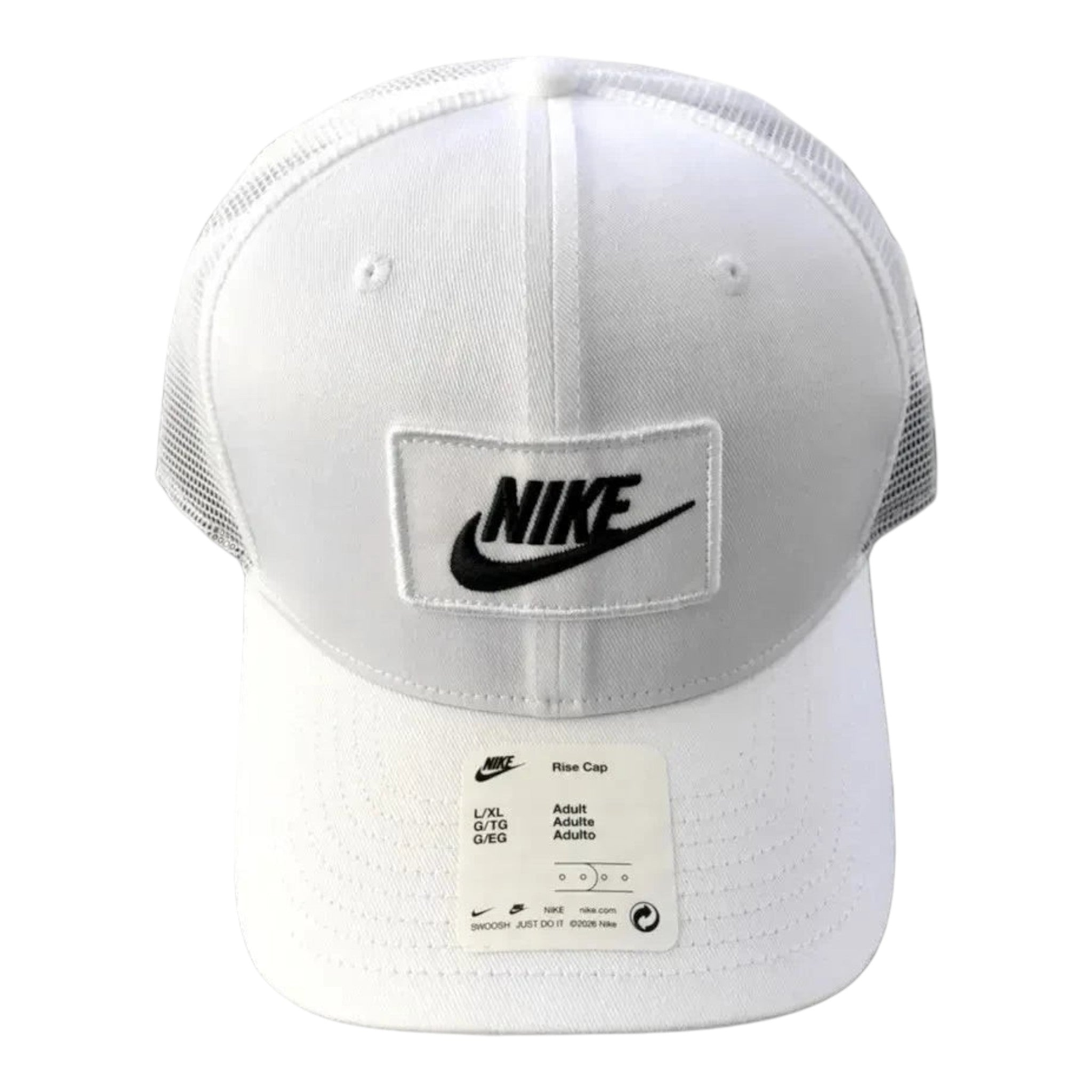Unique Clothes white Nike trucker cap with breathable mesh back and black logo patch on the front