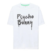 Unique Clothes white Psycho Bunny t-shirt with black graffiti-style logo print and green inner neck trim.