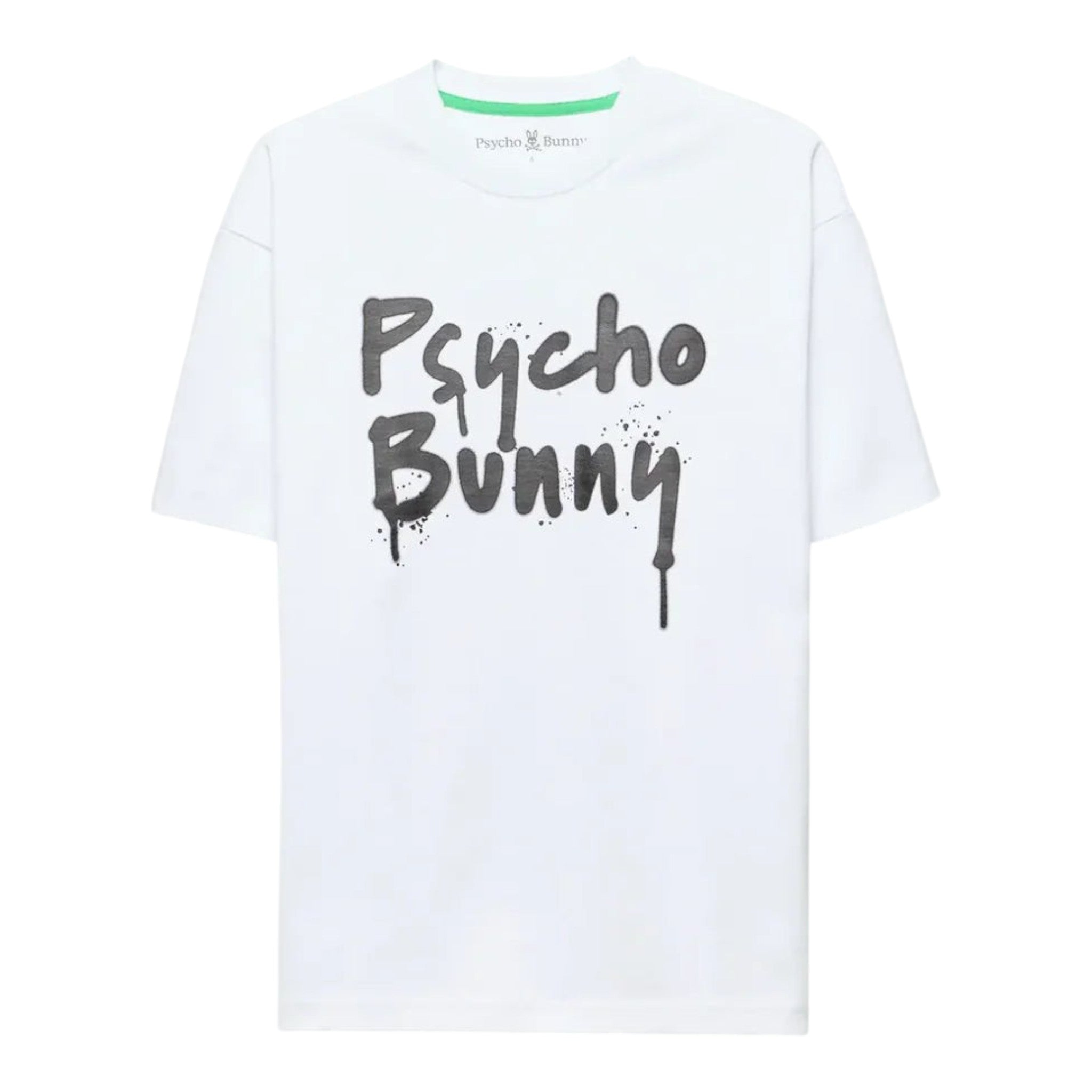 Unique Clothes white Psycho Bunny t-shirt with black graffiti-style logo print and green inner neck trim.