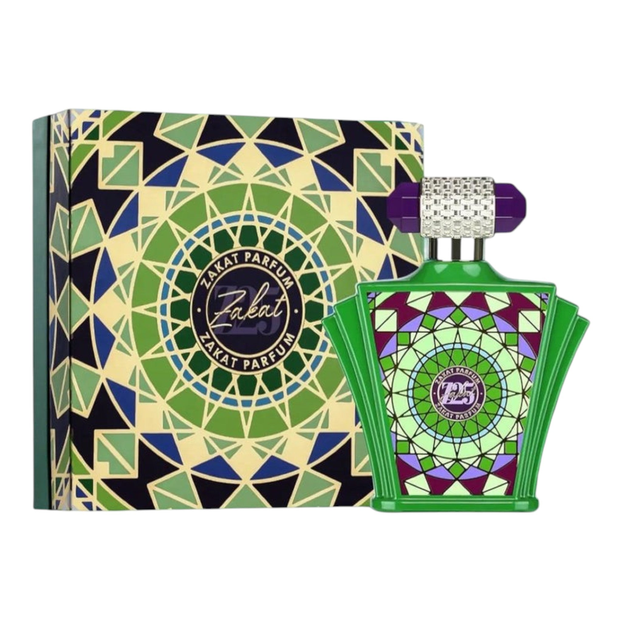 Unique Clothes Zakat Z25 unisex perfume bottle with green geometric stained glass design and matching gift box